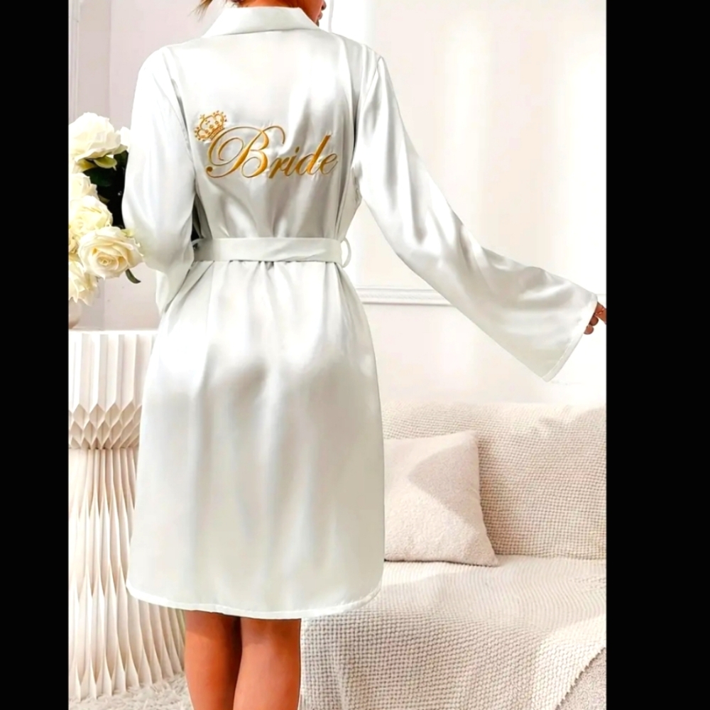 NWT! Luxurious Satin Robe with "Bride" in Gold Embroidery ~ Honeymoon, Wedding
